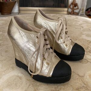 L.A.M.B Denver Gwen Stefani Gold Monogram Leather  Platform Sneakers